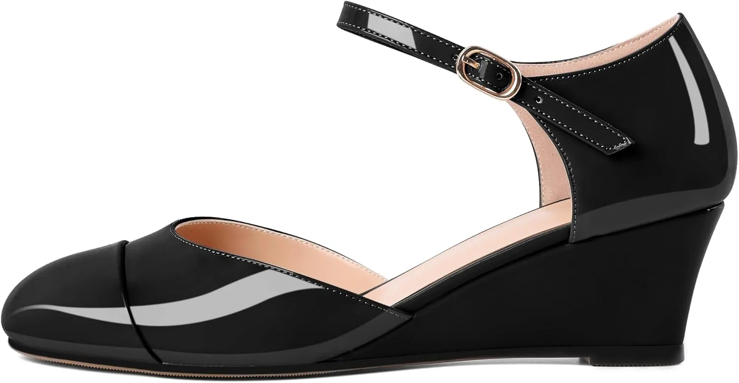 Eldof Womens Wedges Mary Jane Round Toe Ankle Strap Wedge Low Heel Dress Shoes Pumps for Women 2 Inches