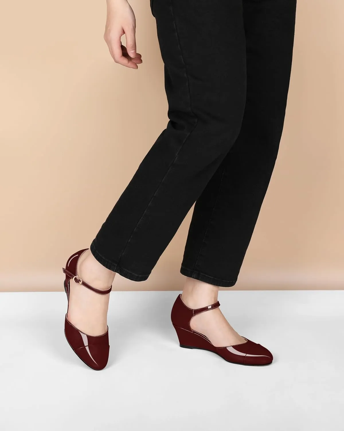 Eldof Womens Wedges Mary Jane Round Toe Ankle Strap Wedge Low Heel Dress Shoes Pumps for Women 2 Inches