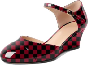 Eldof Womens Wedges Mary Jane Round Toe Ankle Strap Wedge Low Heel Dress Shoes Pumps for Women 2 Inches