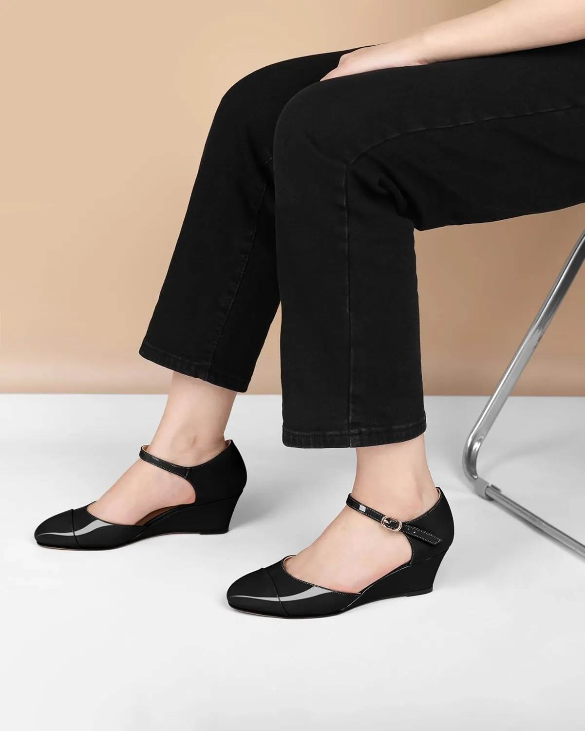 Eldof Womens Wedges Mary Jane Round Toe Ankle Strap Wedge Low Heel Dress Shoes Pumps for Women 2 Inches