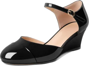 Eldof Womens Wedges Mary Jane Round Toe Ankle Strap Wedge Low Heel Dress Shoes Pumps for Women 2 Inches