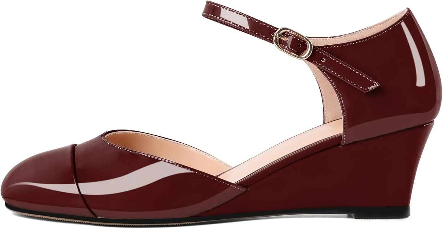 Eldof Womens Wedges Mary Jane Round Toe Ankle Strap Wedge Low Heel Dress Shoes Pumps for Women 2 Inches
