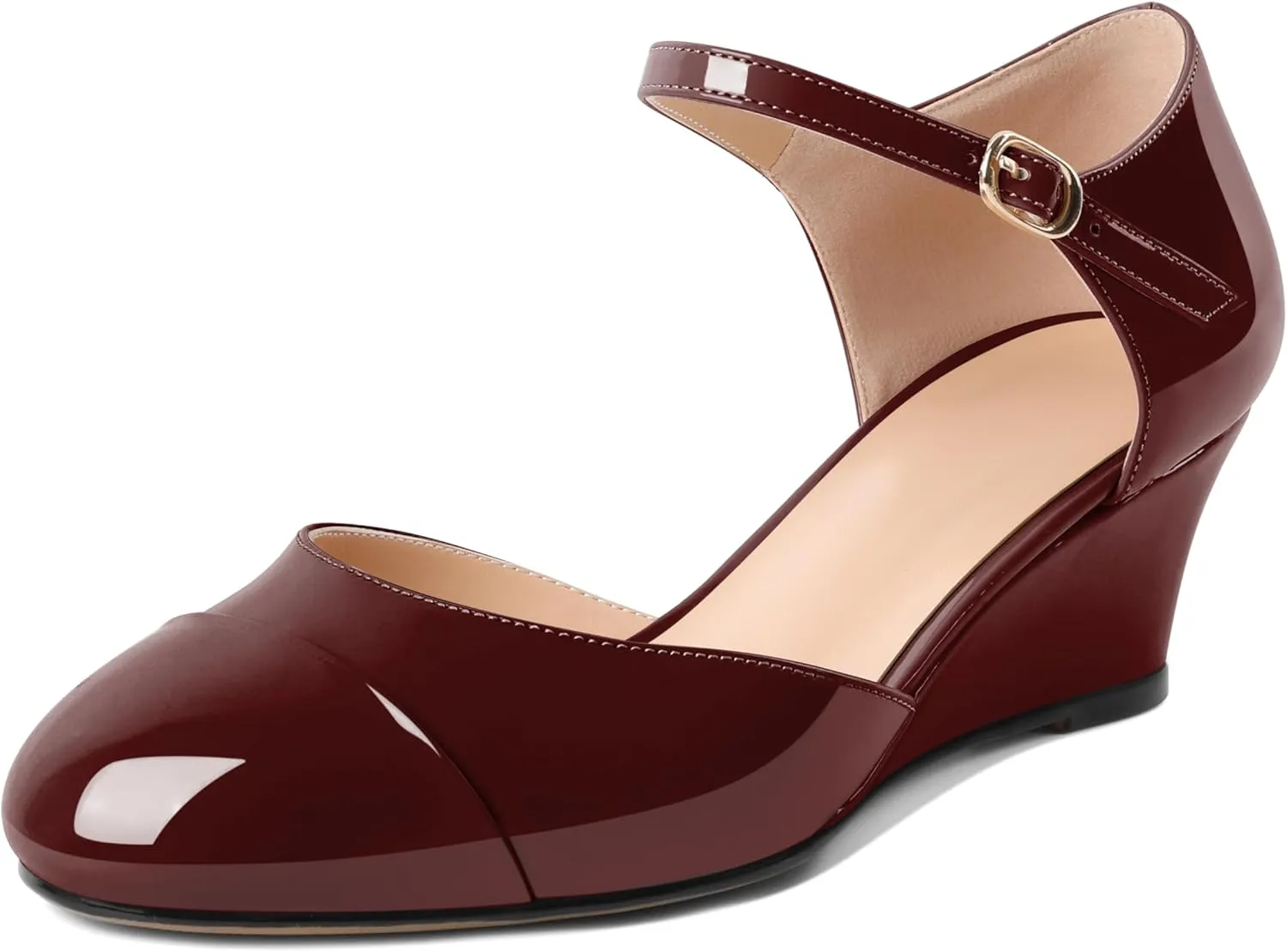 Eldof Womens Wedges Mary Jane Round Toe Ankle Strap Wedge Low Heel Dress Shoes Pumps for Women 2 Inches