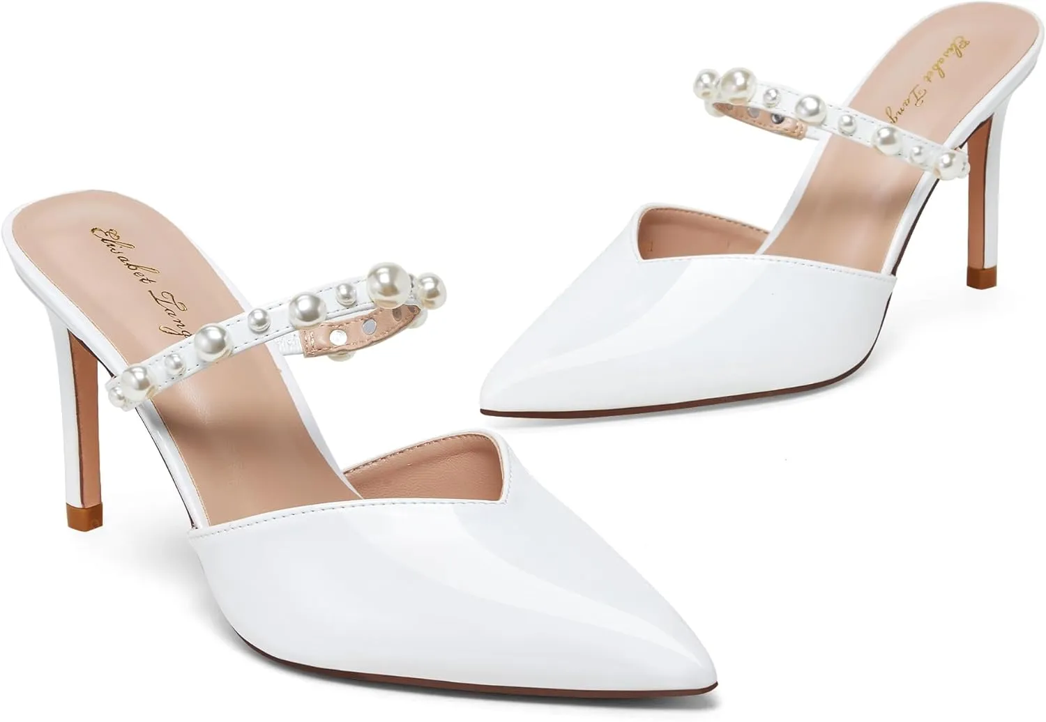 Elisabet Tang Pointed Toe Heels Sandals, 3.54 Inch Pearl Strap Satin Mules Stiletto Heels Glitter Crystal Closed Toe High Heels Backless Slip On Party Dress Daily Wear Pumps