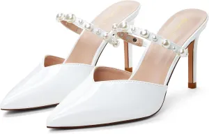 Elisabet Tang Pointed Toe Heels Sandals, 3.54 Inch Pearl Strap Satin Mules Stiletto Heels Glitter Crystal Closed Toe High Heels Backless Slip On Party Dress Daily Wear Pumps