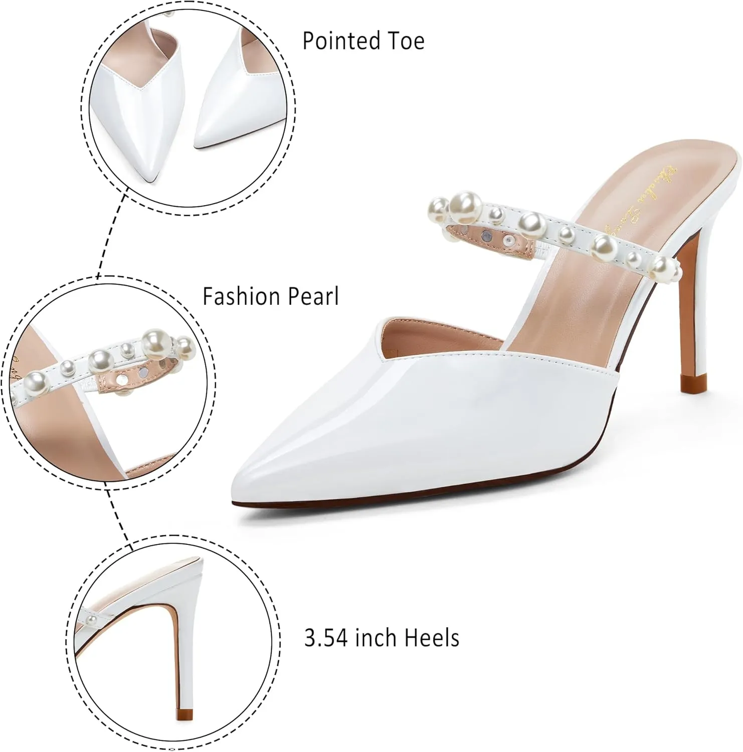 Elisabet Tang Pointed Toe Heels Sandals, 3.54 Inch Pearl Strap Satin Mules Stiletto Heels Glitter Crystal Closed Toe High Heels Backless Slip On Party Dress Daily Wear Pumps