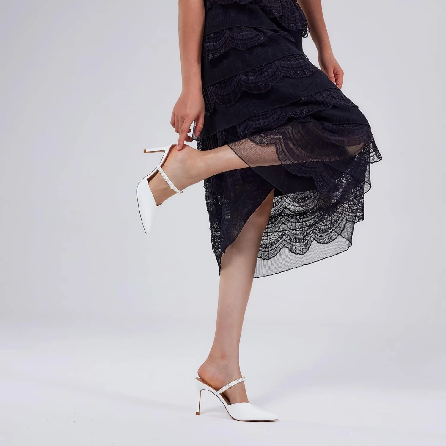 Elisabet Tang Pointed Toe Heels Sandals, 3.54 Inch Pearl Strap Satin Mules Stiletto Heels Glitter Crystal Closed Toe High Heels Backless Slip On Party Dress Daily Wear Pumps