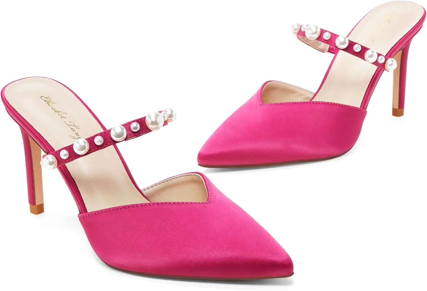 Elisabet Tang Pointed Toe Heels Sandals, 3.54 Inch Pearl Strap Satin Mules Stiletto Heels Glitter Crystal Closed Toe High Heels Backless Slip On Party Dress Daily Wear Pumps