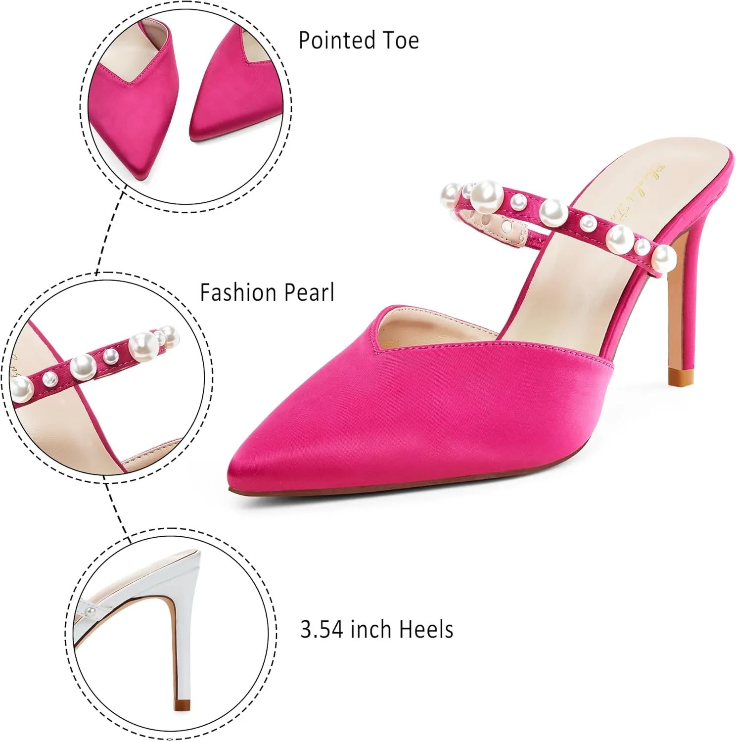 Elisabet Tang Pointed Toe Heels Sandals, 3.54 Inch Pearl Strap Satin Mules Stiletto Heels Glitter Crystal Closed Toe High Heels Backless Slip On Party Dress Daily Wear Pumps