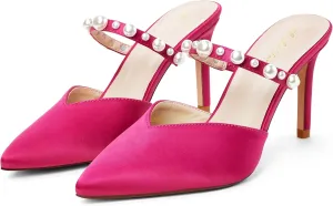 Elisabet Tang Pointed Toe Heels Sandals, 3.54 Inch Pearl Strap Satin Mules Stiletto Heels Glitter Crystal Closed Toe High Heels Backless Slip On Party Dress Daily Wear Pumps