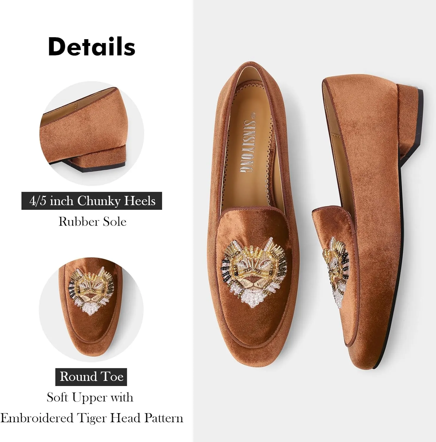 Embroidered Loafers for Women Round Toe Velvet Flats with Tiger Head Pattern