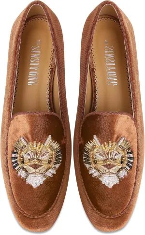 Embroidered Loafers for Women Round Toe Velvet Flats with Tiger Head Pattern