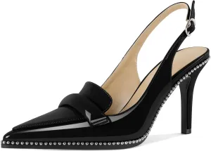 Esvowido Women 3.5" Slingback High Heel Pumps Stilettos Beaded Pointed Toe Shoes Slip On Loafers Pumps Patent Leather High Heel Shoes for Women