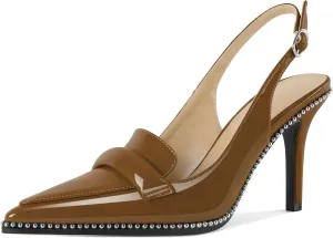 Esvowido Women 3.5" Slingback High Heel Pumps Stilettos Beaded Pointed Toe Shoes Slip On Loafers Pumps Patent Leather High Heel Shoes for Women