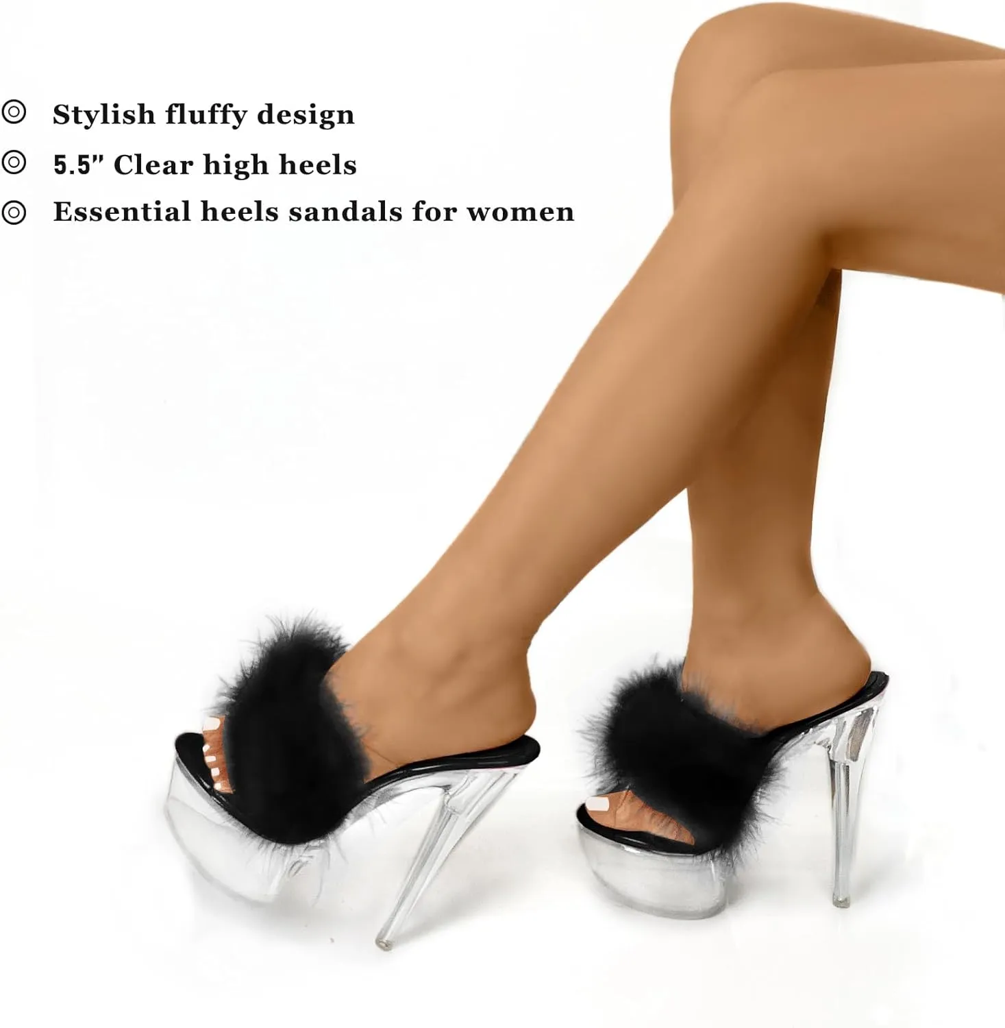 Fantoesay Women's Clear Stiletto Heels Sandals Platform Open Toe Slip On Mules Fluff Sandals