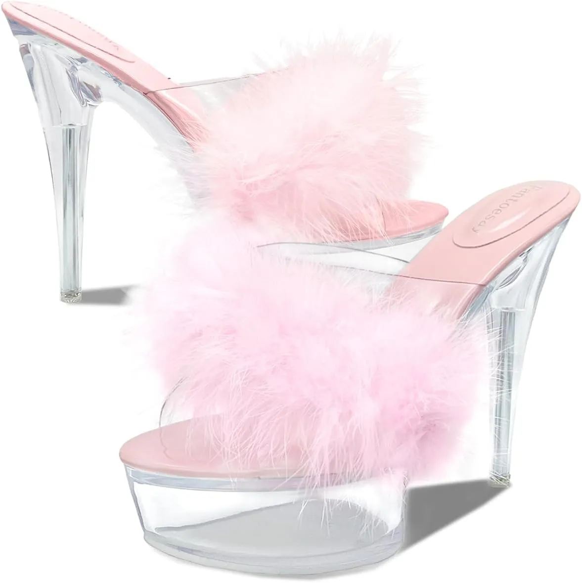 Fantoesay Women's Clear Stiletto Heels Sandals Platform Open Toe Slip On Mules Fluff Sandals