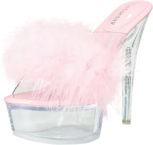 Fantoesay Women's Clear Stiletto Heels Sandals Platform Open Toe Slip On Mules Fluff Sandals