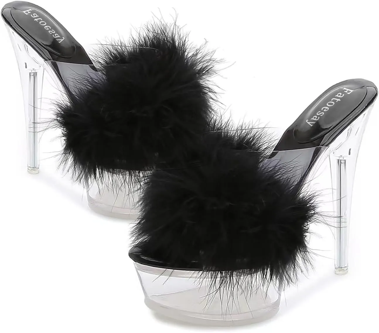 Fantoesay Women's Clear Stiletto Heels Sandals Platform Open Toe Slip On Mules Fluff Sandals