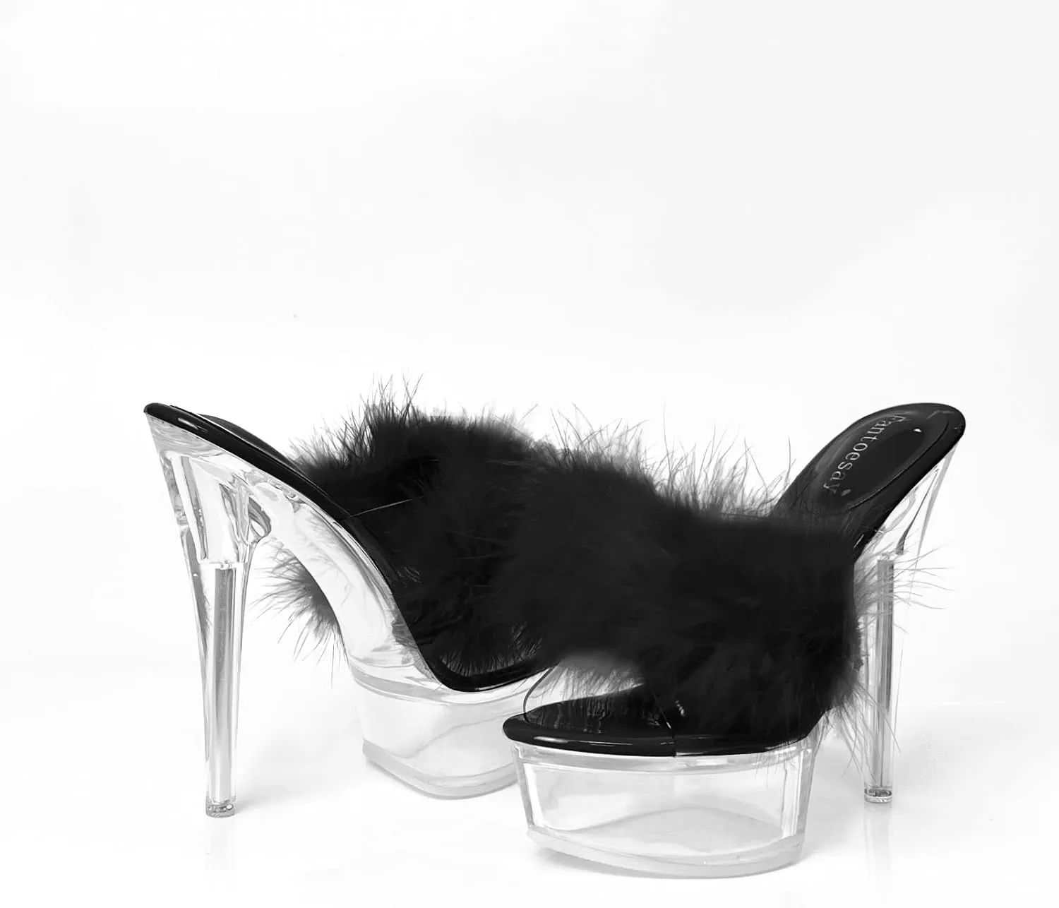 Fantoesay Women's Clear Stiletto Heels Sandals Platform Open Toe Slip On Mules Fluff Sandals