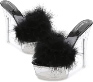 Fantoesay Women's Clear Stiletto Heels Sandals Platform Open Toe Slip On Mules Fluff Sandals