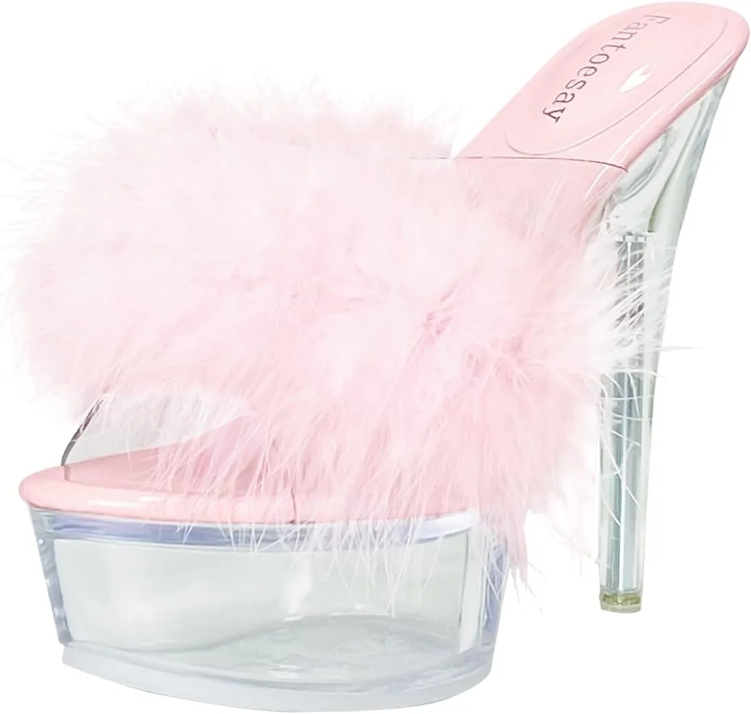 Fantoesay Women's Clear Stiletto Heels Sandals Platform Open Toe Slip On Mules Fluff Sandals