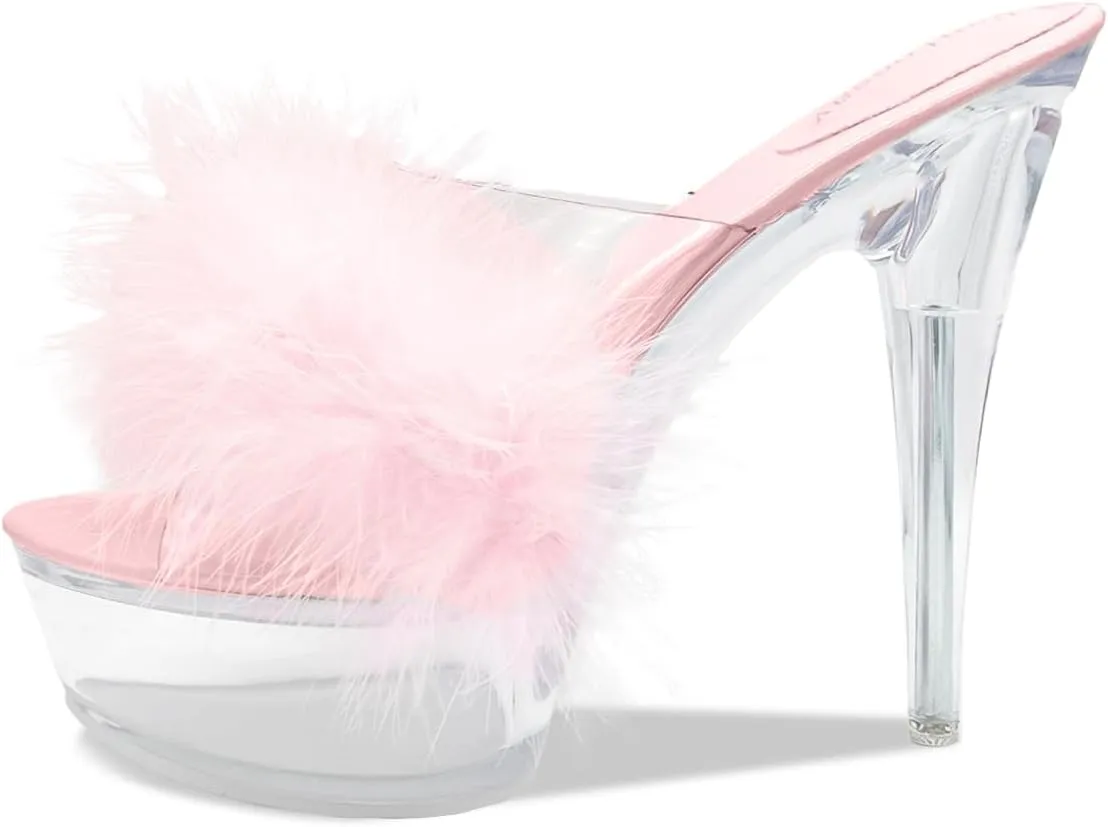Fantoesay Women's Clear Stiletto Heels Sandals Platform Open Toe Slip On Mules Fluff Sandals