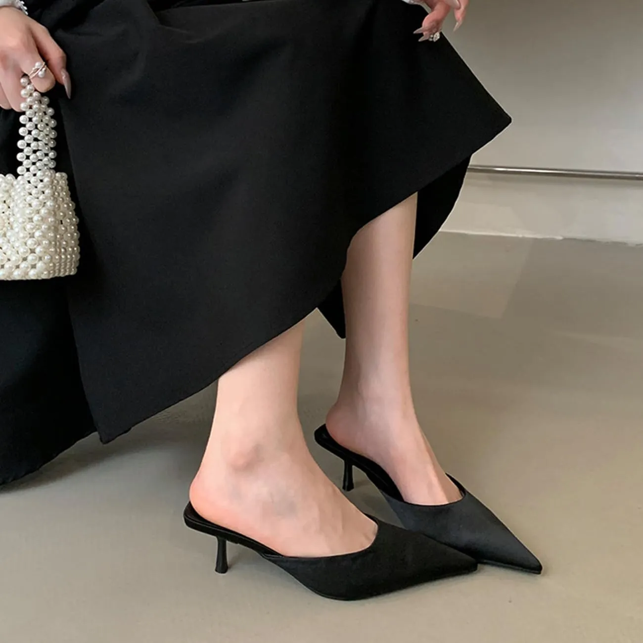 Fashion Kitten Heel Mules for Women Slip On Mules Backless Kitten Heel Pointed Toe Wedding Party Dress