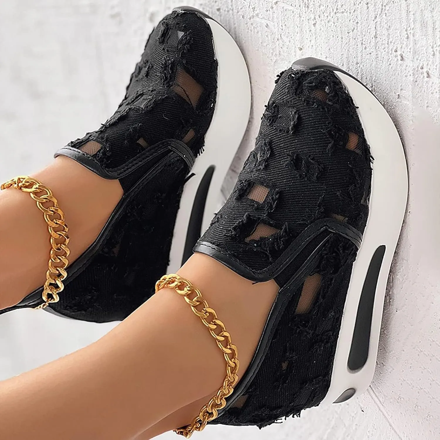 Fashion Sneakers for Women Platform Wedge Sneakers Fashion Embroidery Floral Mesh Air Comfort Chunky Sole Hidden High Heels Slip On Loafers Breathable Walking Work Shoes with Arch Support