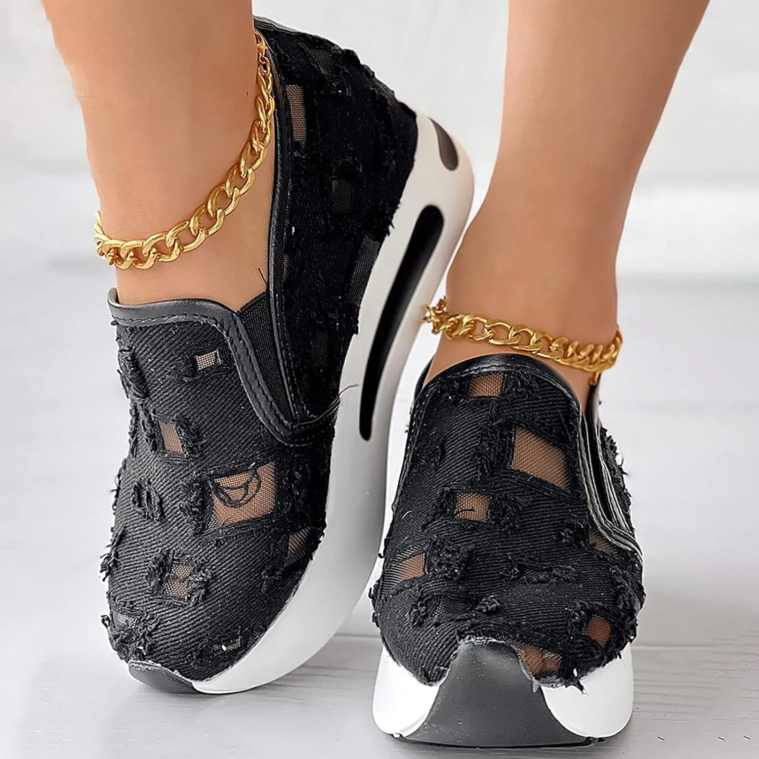 Fashion Sneakers for Women Platform Wedge Sneakers Fashion Embroidery Floral Mesh Air Comfort Chunky Sole Hidden High Heels Slip On Loafers Breathable Walking Work Shoes with Arch Support