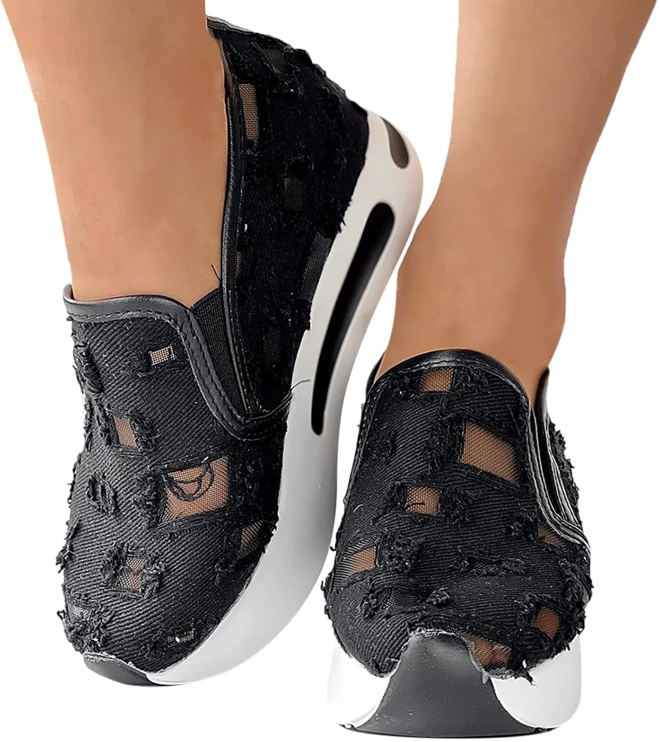 Fashion Sneakers for Women Platform Wedge Sneakers Fashion Embroidery Floral Mesh Air Comfort Chunky Sole Hidden High Heels Slip On Loafers Breathable Walking Work Shoes with Arch Support