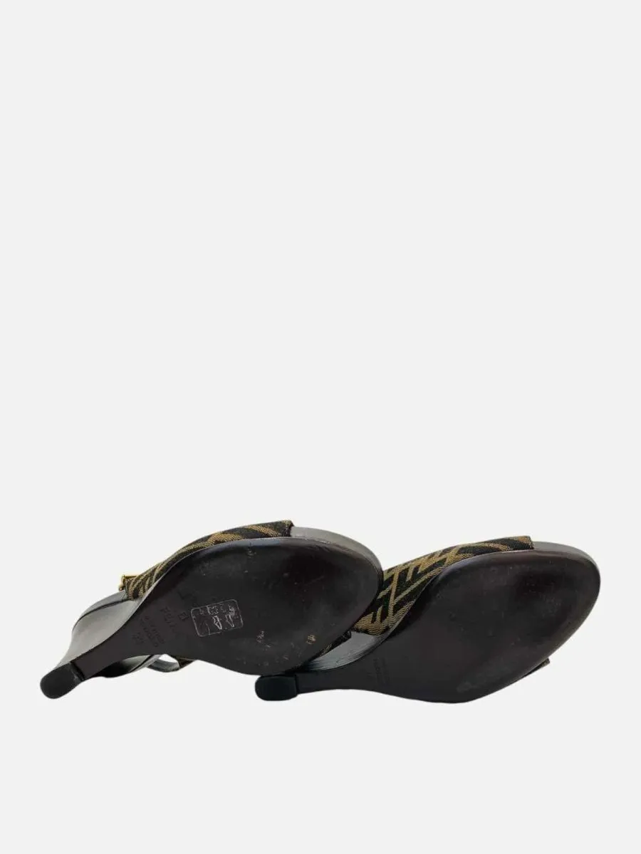 FENDI Slingback Black & Brown FF Motif Wedges 39