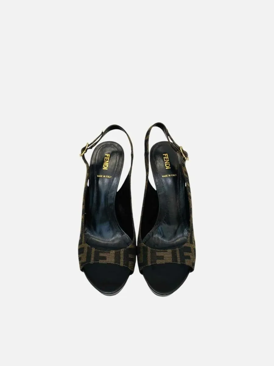 FENDI Slingback Black & Brown FF Motif Wedges 39