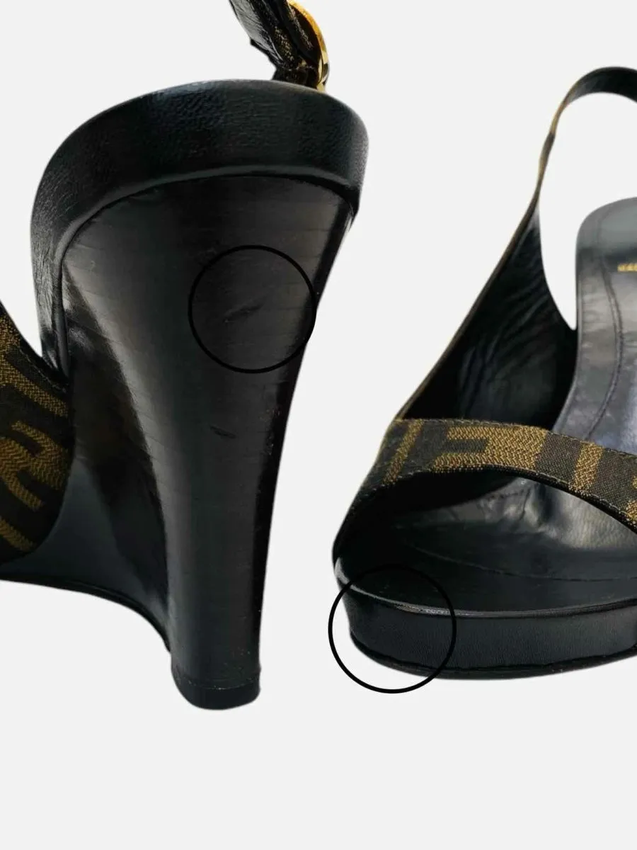 FENDI Slingback Black & Brown FF Motif Wedges 39