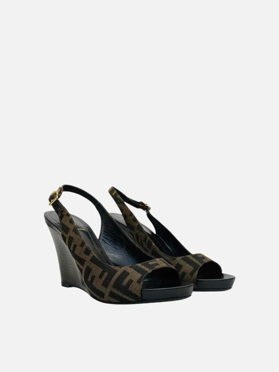 FENDI Slingback Black & Brown FF Motif Wedges 39