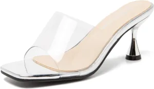 fereshte Womens Hollow Out Flower Sandals Slip On Sandals Square Toe Kitten Heeled Mules