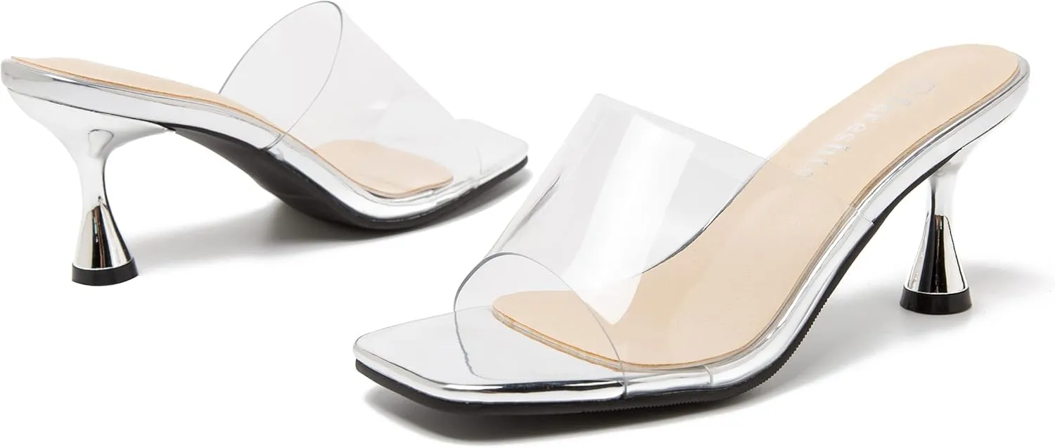 fereshte Womens Hollow Out Flower Sandals Slip On Sandals Square Toe Kitten Heeled Mules