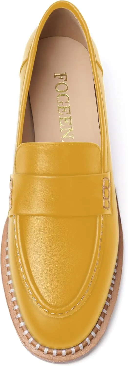 FOGEENA Womens Penny Matte Leather Casual Slip On Round Toe Work Chunky Low Heel Loafers Dress Shoes 1 Inch