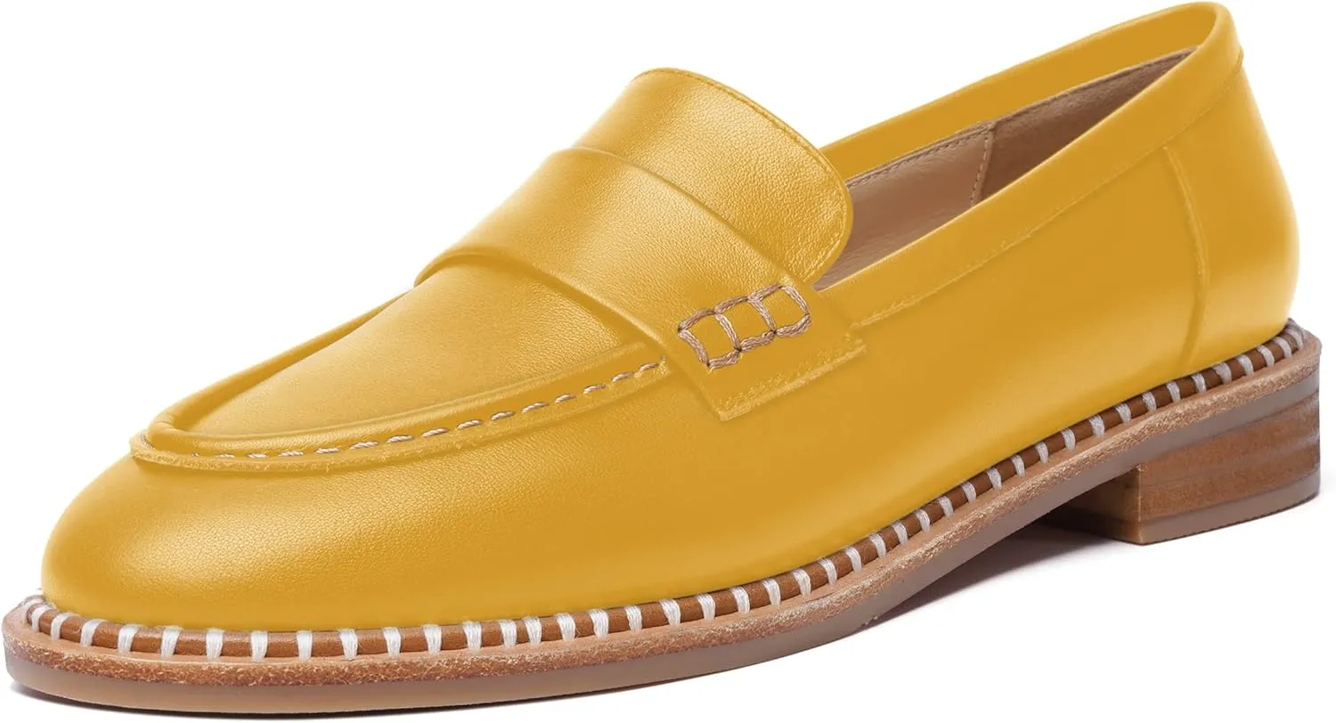 FOGEENA Womens Penny Matte Leather Casual Slip On Round Toe Work Chunky Low Heel Loafers Dress Shoes 1 Inch