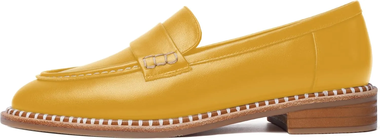 FOGEENA Womens Penny Matte Leather Casual Slip On Round Toe Work Chunky Low Heel Loafers Dress Shoes 1 Inch