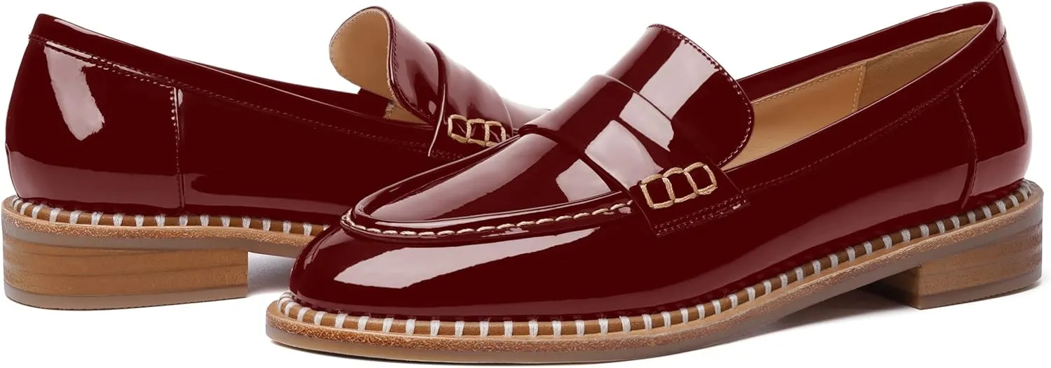 FOGEENA Womens Slip On Penny Fashion Casual Round Toe Patent Leather Chunky Low Heel Loafers Dress Shoes 1 Inch