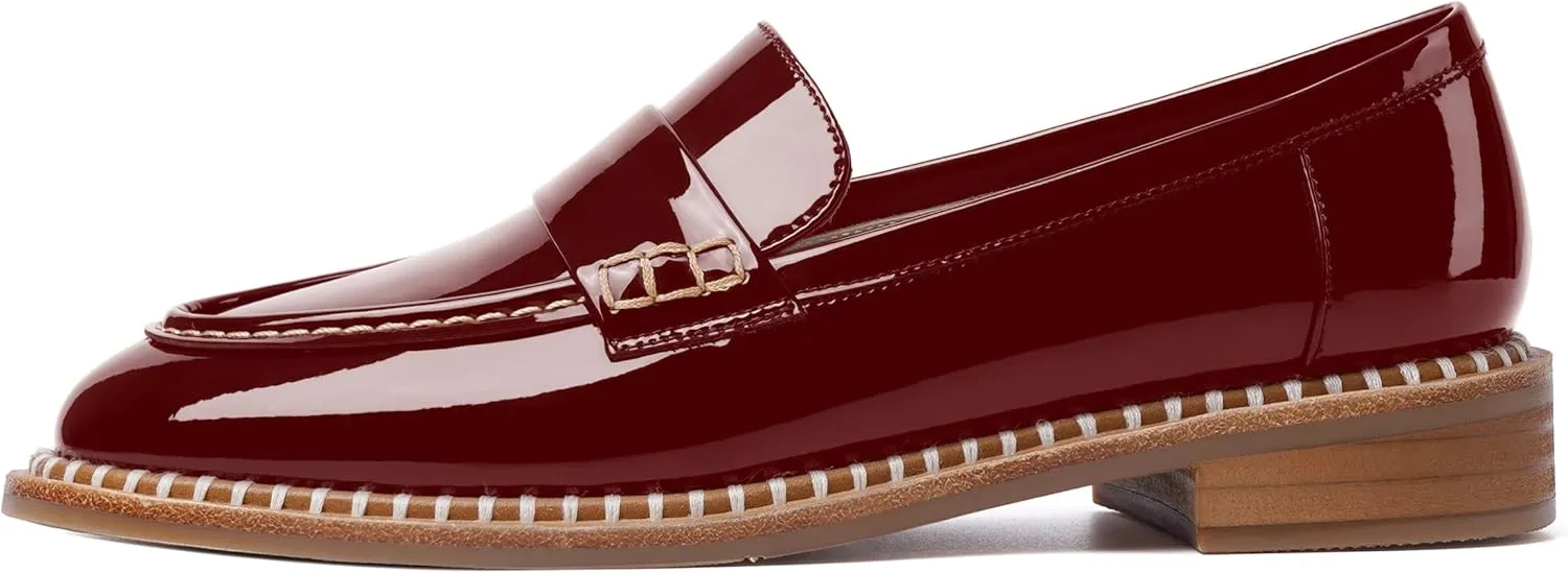 FOGEENA Womens Slip On Penny Fashion Casual Round Toe Patent Leather Chunky Low Heel Loafers Dress Shoes 1 Inch