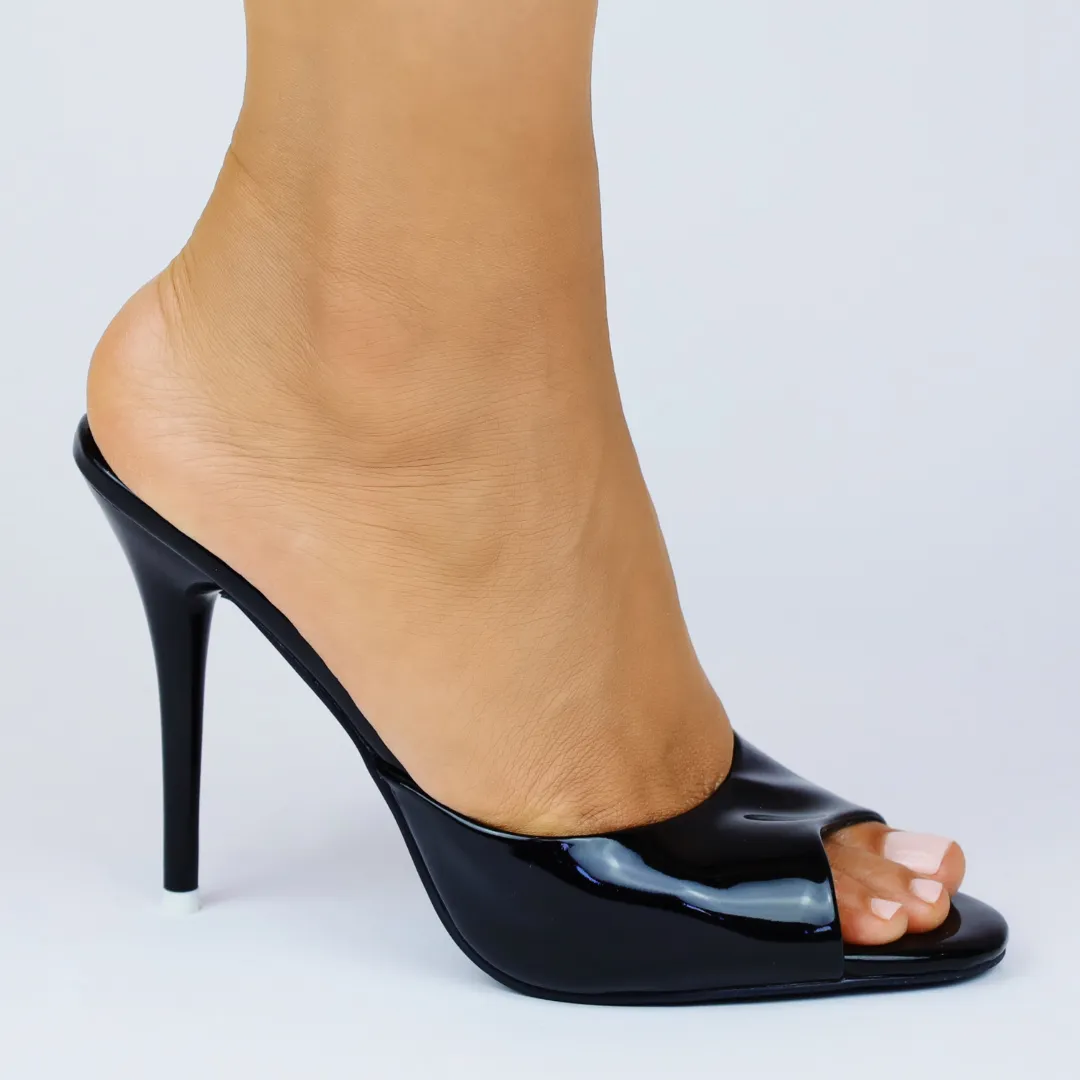 Ford Black Patent Vegan Leather Open Toe Mules