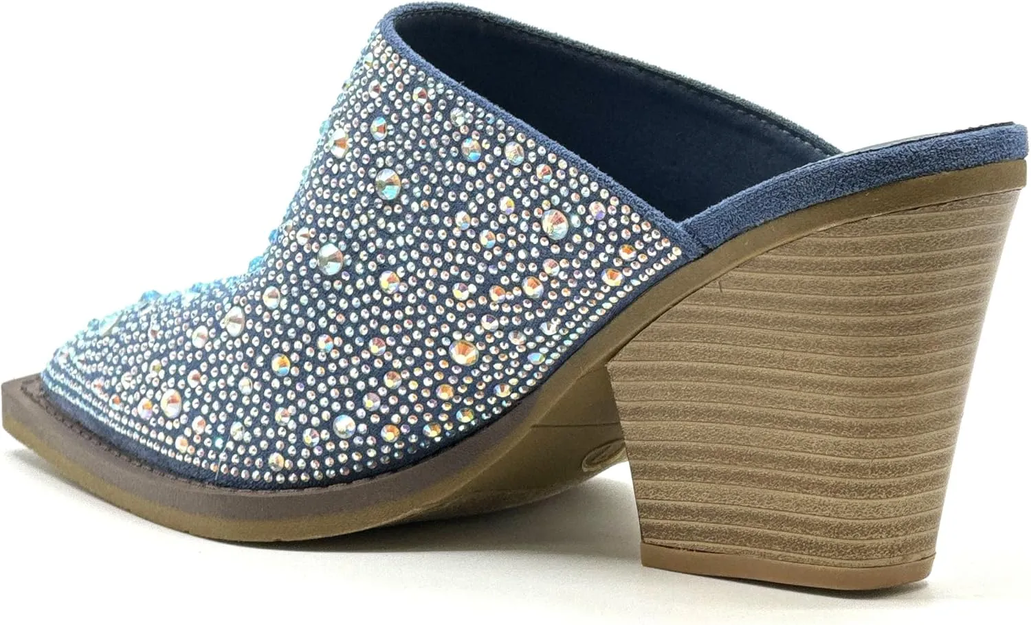Forever Women Pointed Toe Rhinestone Slip on Mules Chunky Heel Sandals