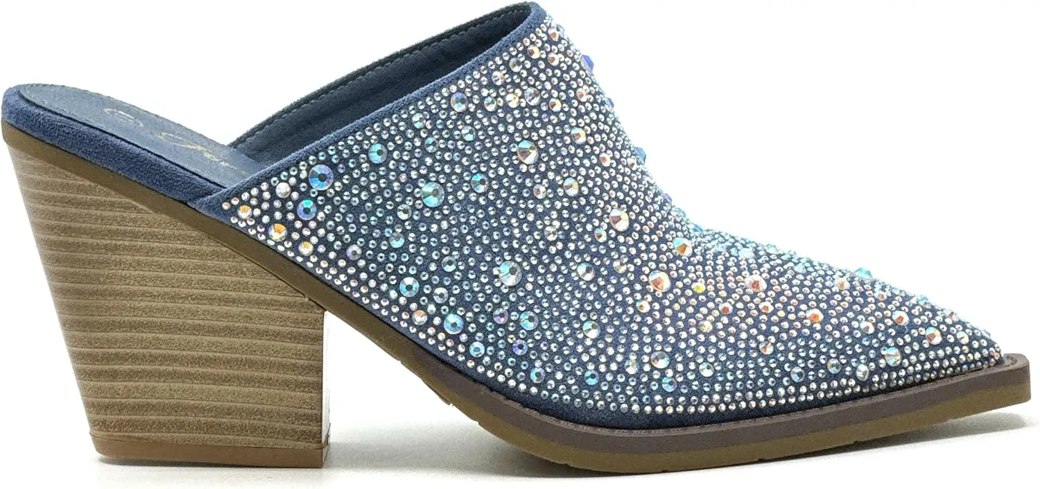 Forever Women Pointed Toe Rhinestone Slip on Mules Chunky Heel Sandals