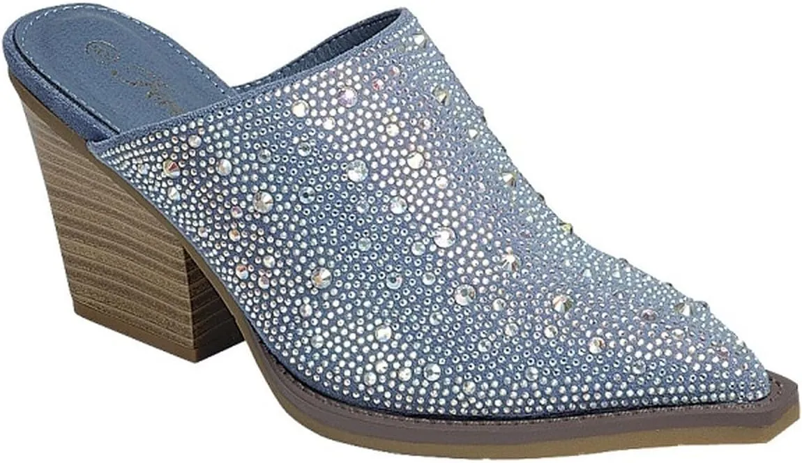 Forever Women Pointed Toe Rhinestone Slip on Mules Chunky Heel Sandals