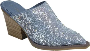 Forever Women Pointed Toe Rhinestone Slip on Mules Chunky Heel Sandals