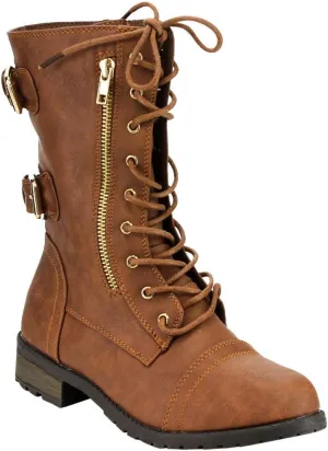 Forever Women's Mango-71 Faux Leather Military Style Ankle Boots Thick Sole Buckles Tan 7