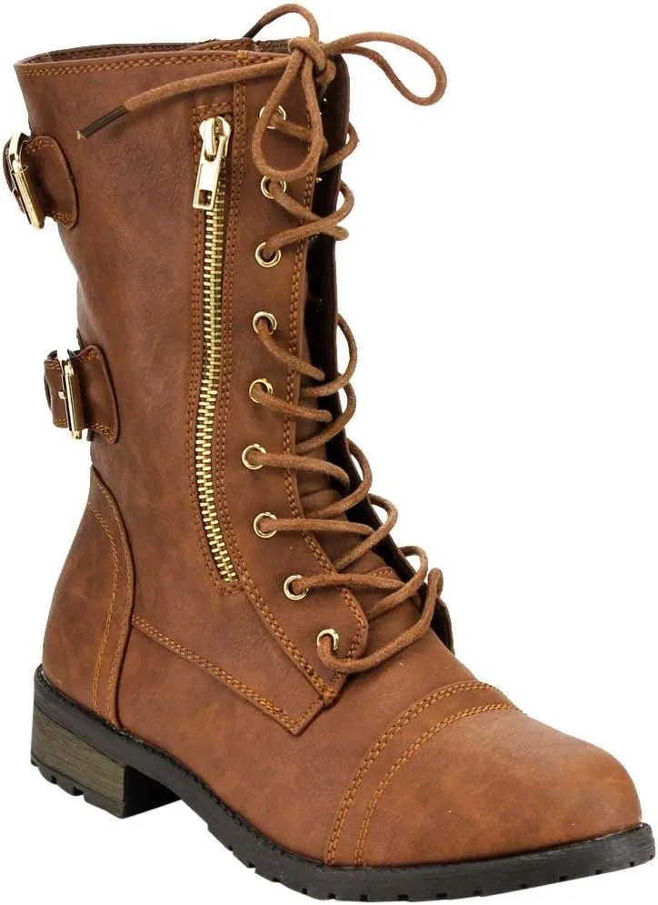 Forever Women's Mango-71 Faux Leather Military Style Ankle Boots Thick Sole Buckles Tan 7