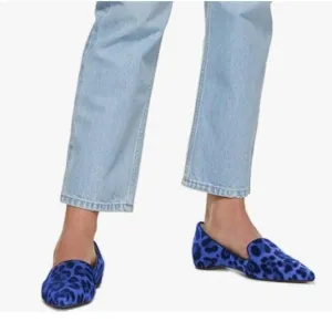 FOWT Blue Pointed Toe Arched Heel Pump Suede Side V Cut Loafers