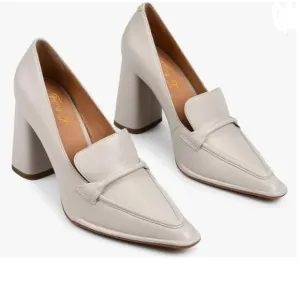FOWT Grey Rolled Single Belt Loafers Pointed Toe High Chunky Heel Pumps